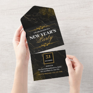 SCHWARZ UND GOLD ELEGANTER KUNDE NEUJAHR PARTY ALL IN ONE EINLADUNG