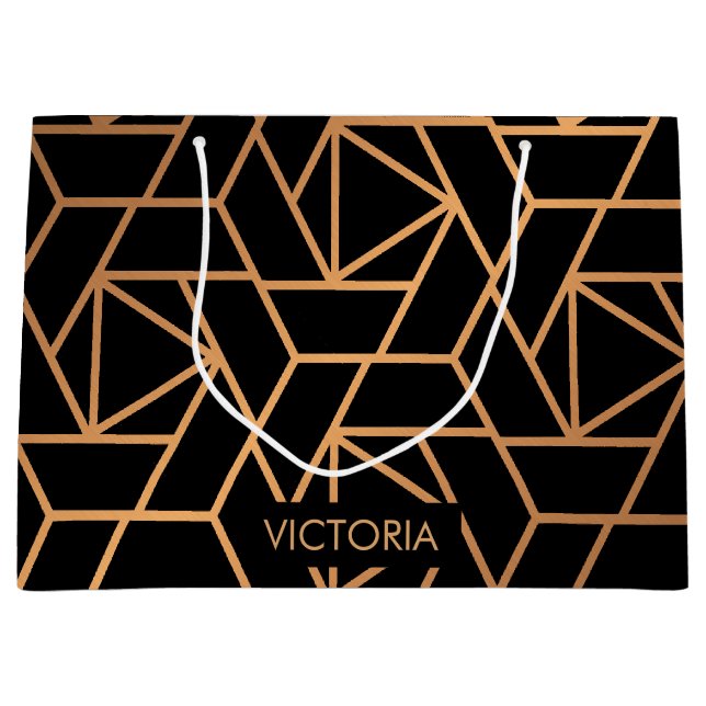 Schwarz und Gold Elegantes Muster Große Geschenktüte (Vorderseite)