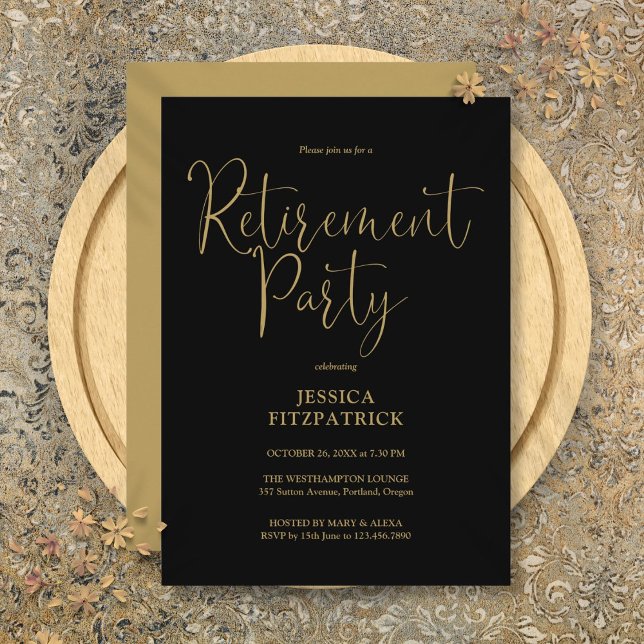 Schwarz und Gold Elegantes Script Retirement Party Einladung (Black And Gold Elegant Script Retirement Party Invitation)
