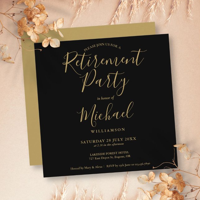 Schwarz und Gold Elegantes Script Retirement Party Einladung (Black And Gold Elegant Script Retirement Party Invitation)