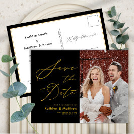 Schwarz und Gold Elegantes Skript Save the Date Ankündigungspostkarte