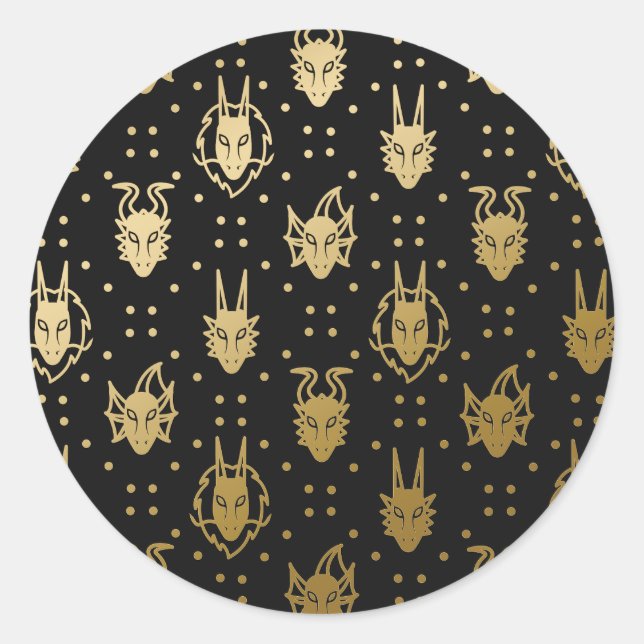 Schwarz und Gold Fantasy Dragon Raute Pattern Runder Aufkleber (Vorderseite)