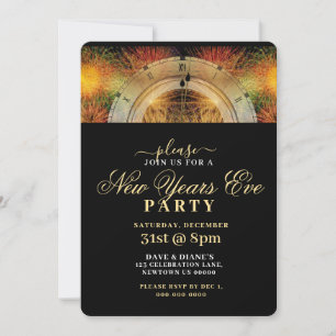 SCHWARZ UND GOLD, FESTIVER KLOCK, NEUJAHRE PARTY EINLADUNG