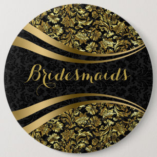 Schwarz und Gold florale Damast Brautjungfern Button