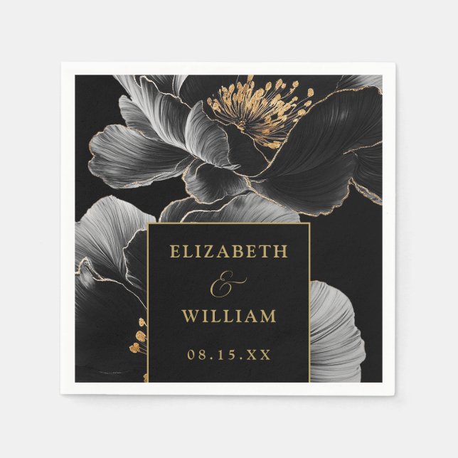 Schwarz und Gold florale Elegante Moderne Hochzeit Serviette (Vorderseite)