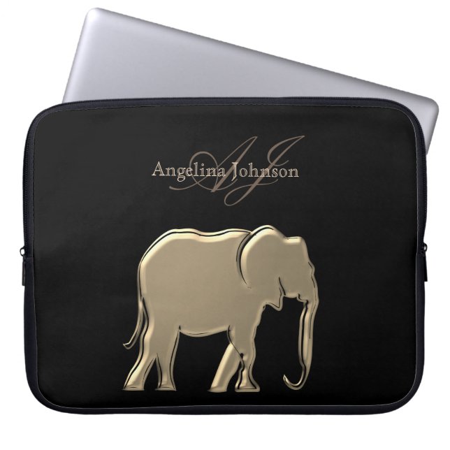Schwarz und Gold Foil Elefant Mit Monogramm Laptopschutzhülle (Vorderseite)