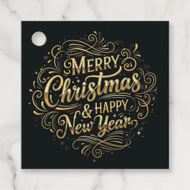 Schwarz und Gold Frohe Weihnachten und Glück im ne Geschenkanhänger (Vorderseite)