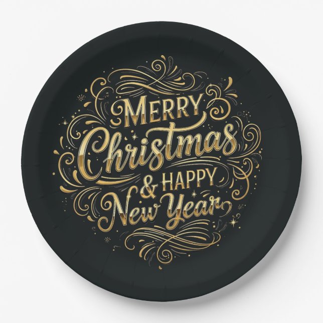 Schwarz und Gold Frohe Weihnachten und Glück im ne Pappteller (Vorderseite)
