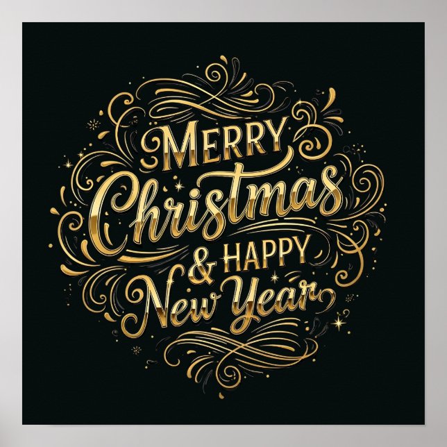 Schwarz und Gold Frohe Weihnachten und Glück im ne Poster (Vorne)