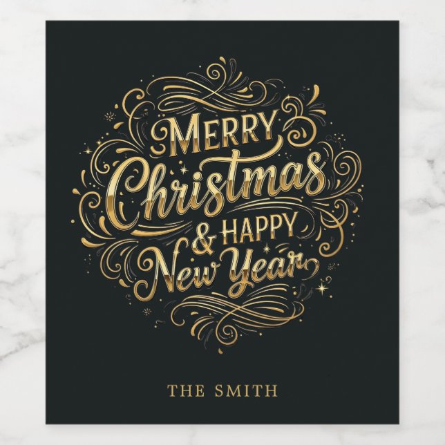 Schwarz und Gold Frohe Weihnachts-Script Wein-Labe Weinetikett (Einzelnes Label)