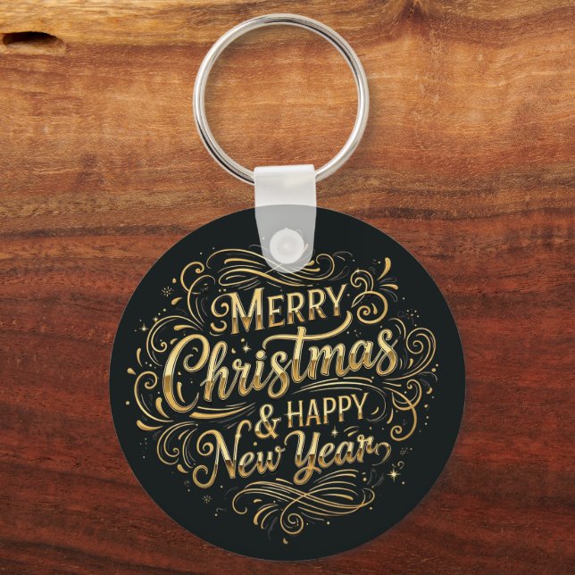 Schwarz und Gold Frohe Weihnachtstypografie-Script Schlüsselanhänger (Vorderseite)
