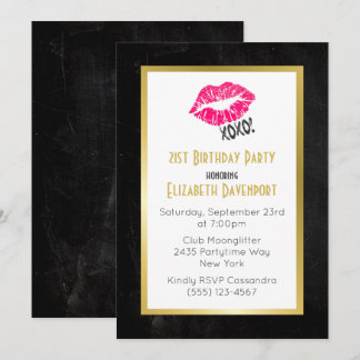 Schwarz und Gold Geburtstag mit rosa Kissy Lippen Einladung