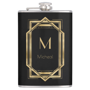 Schwarz und Gold Geometrisch   Monogramm & Name  Flachmann