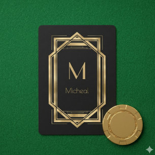 Schwarz und Gold Geometrisch   Monogramm & Name Spielkarten