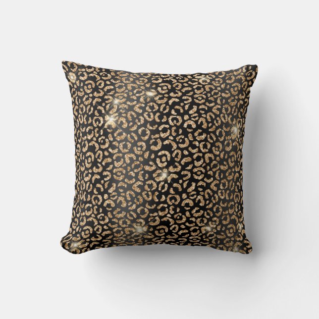 Schwarz und Gold Glitzer Glam Leopard Spots drucke Kissen (Vorderseite)