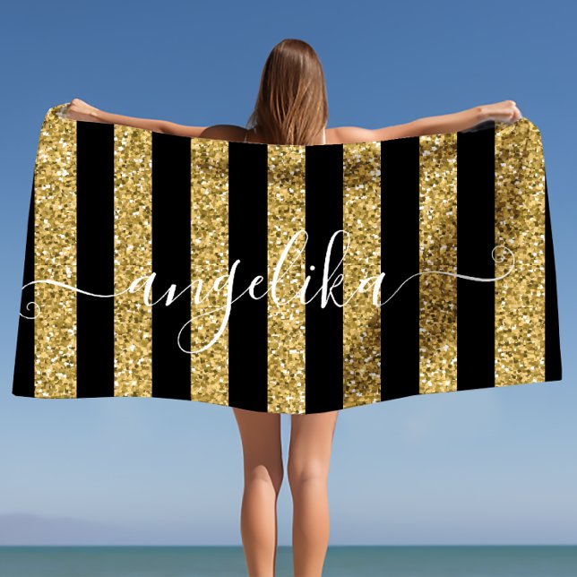 Schwarz und Gold Glitzer Stripes Script-Individuel Strandtuch (Black and Gold Glitter Stripes Script Custom Name Beach Towel)