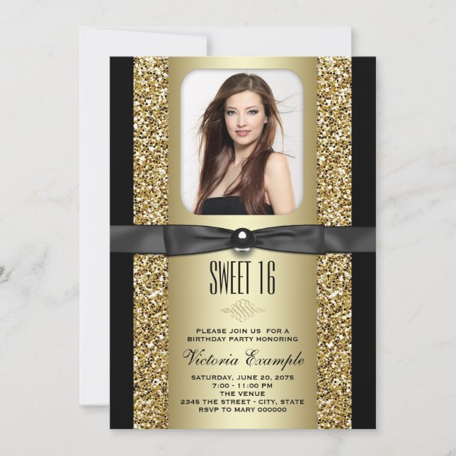 Schwarz und Gold Glitzer Sweet 16 Party Einladung (Vorderseite)