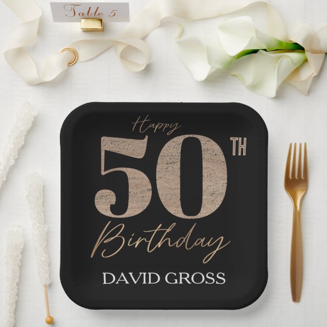 Schwarz und Gold Glitzer Zahl 50. Geburtstag Pappteller (Hochzeit)