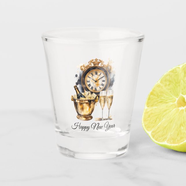 Schwarz und Gold glücklich Neues Jahr Schnapsglas (Vorderseite)