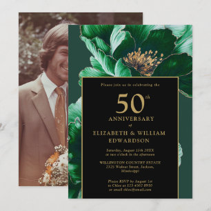 Schwarz und Gold Grün Floral 50. Jubiläum Einladung