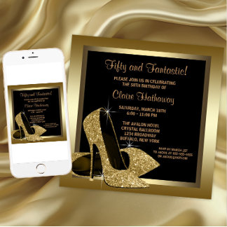 Schwarz und Gold High Heels Frauen 50. Geburtstag Einladung