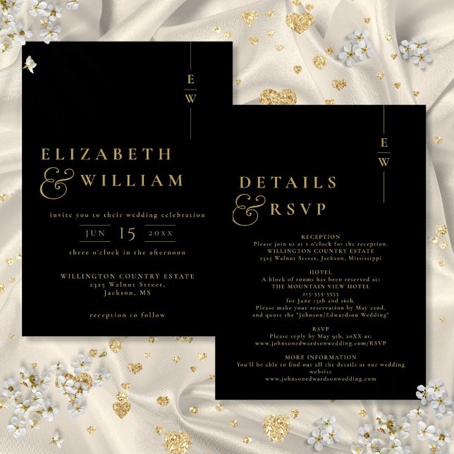 Schwarz und Gold in einer modernen Monogramm-Hochz Einladung (Black And Gold All In One Modern Monogram Wedding Invitation)