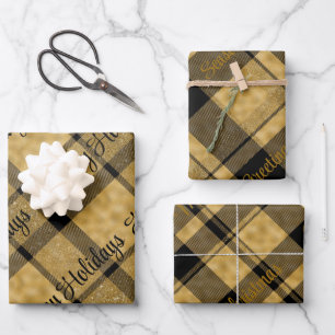 Schwarz und Gold Kariert mit Weihnachtstext Geschenkpapier Set