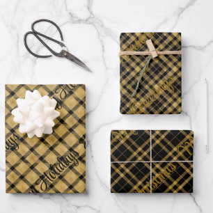 Schwarz und Gold Kariert mit Weihnachtstext Geschenkpapier Set