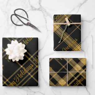 Schwarz und Gold Kariert mit Weihnachtstext Geschenkpapier Set