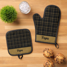 Schwarz und Gold Kariert Ofenhandschuh & Topflappen-Set