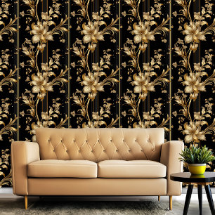 Schwarz und Gold Klasse Elegantes Blumenmuster Tapete