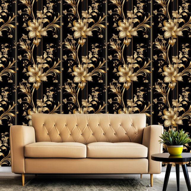 Schwarz und Gold Klasse Elegantes Blumenmuster Tapete (Black and Gold Classy Elegant Floral Pattern Wallpaper)