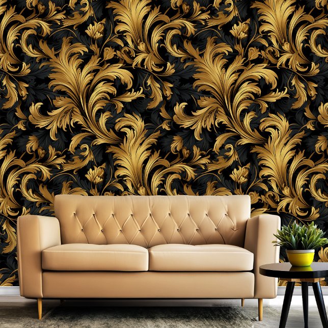 Schwarz und Gold Klasse Elegantes Muster Tapete (Black and Gold Classy Elegant Pattern Wallpaper)