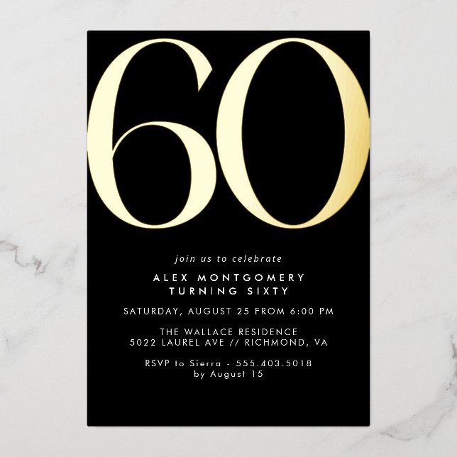 Schwarz und Gold | Luxe Frauen oder Mens 60. Gebur Folieneinladung (Vorderseite)