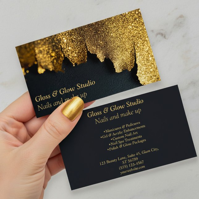 Schwarz und Gold Luxuriöser Glitzer Schönheitssalo Visitenkarte (Black and Gold Luxurious Glitter nail beauty salon Business Card.)