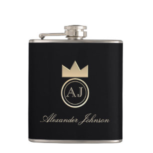 Schwarz und Gold Luxus Elegant Einfache Monogrammi Flachmann