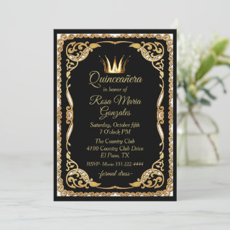 Schwarz und Gold mit Crown Quinceanera Einladung