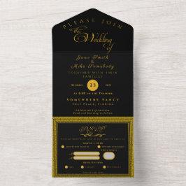 Schwarz und Gold mit Monogramm All In One Einladung