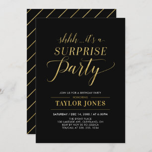 Schwarz und Gold Modern Surprise Birthday Party Einladung