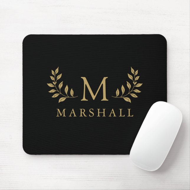 Schwarz und Gold Moderne elegante Floral Monogram  Mousepad (Mit Mouse)