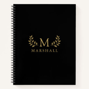 Schwarz und Gold Moderne elegante Floral Monogram  Notizbuch
