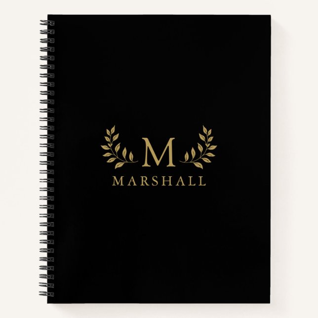 Schwarz und Gold Moderne elegante Floral Monogram  Notizbuch (Vorderseite)