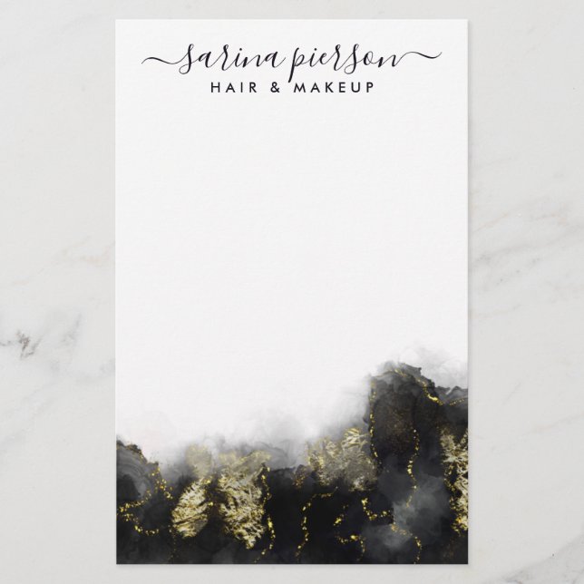 Schwarz und Gold Moderne Kunst Flüssige Wasserfarb Briefpapier (Vorderseite)