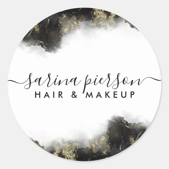 Schwarz und Gold Moderne Kunst Flüssige Wasserfarb Runder Aufkleber (Vorderseite)
