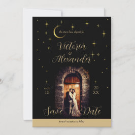 Schwarz und Gold Moderne Minimal Celestial 2 Save The Date
