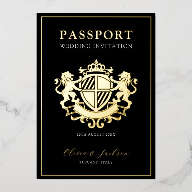 Schwarz und Gold - Moderne Passport-Hochzeitseinla Folieneinladung (Vorderseite)