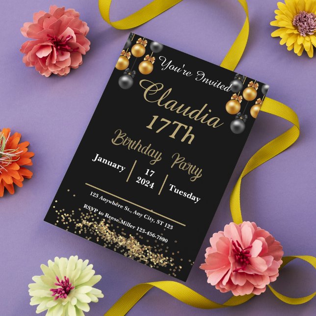 Schwarz und Gold Modernes Prom Night Party Einladung (Elegant Black & Gold Prom Night Party Invitation)