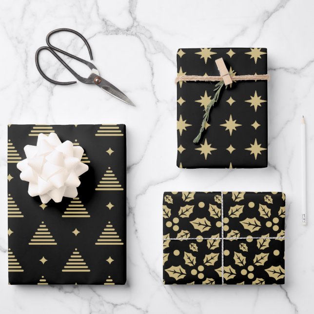 Schwarz und Gold Modernes Weihnachtsmuster Geschenkpapier Set (Vorderseite)