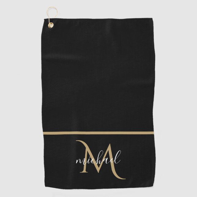 Schwarz und Gold Monogram Elegant Luxury Golfhandtuch (Vorderseite)