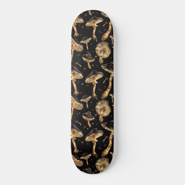 Schwarz und Gold Mushroom Fungi Muster Skateboard (Vorderseite)
